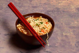 Asian noodle soup in bowl with chopsticks