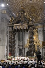 Pope celebrates Saint Mass in St Peter's Basilica in front of faithful Christians