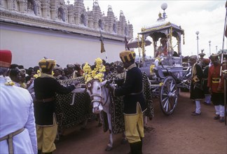 The Maharaja His Highness Srikantadatta Narasimharaja Wadiyar Bahadur participates in splendid procession to celebrate the festival of Dussera
