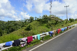 Laundry drying on guardrail