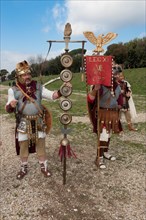 Traditional group in costumes of Roman XI Legion in Circus Maximus