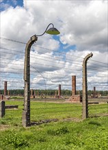 Barbed-wire fence and lamppost at Auschwitz II-Birkenau concentration camp