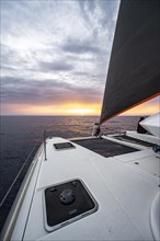 Foresail and deck with net of a sailing catamaran at sunset