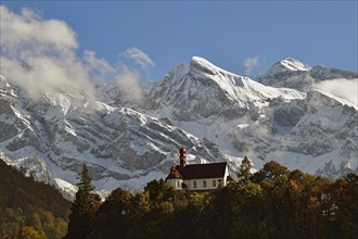 Flueeli Ranft Chapel in front of Alpine panorama