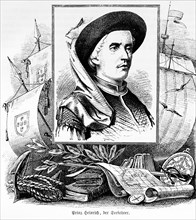 Portrait with ship and map of Prince Henry the Navigator