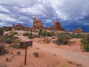 Thunderclouds over rock formations of the Windows Selection