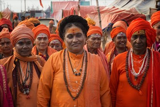 Sadhvi in orange and red saree during Allahabad Kumbh Mela