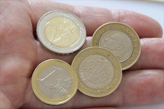 Euro coins and Turkish Lira coins