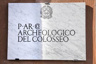 Marble plaque with official seal and marking in Italian for Archaeological Park Colosseum