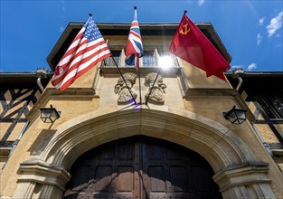 Flags at the main entrance to Cecilienhof Palace in Potsdam