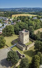 Bird's eye view of ruins of partly restored former moated medieval castle Altendorf