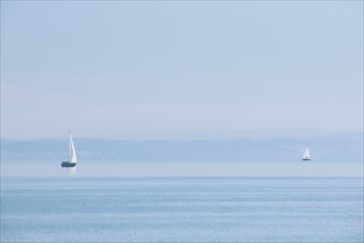 Two sailing boats on shimmering blue Lake Constance in sunny weather and blue skies in summer