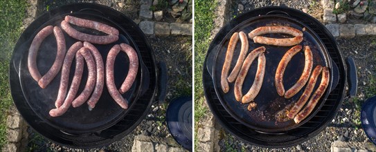 Unroasted and ready-roasted bratwursts in a grill pan