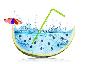 Abstract and surreal watermelon slice with water splash instead of the red pulp isolated on white background. Summer holiday concept