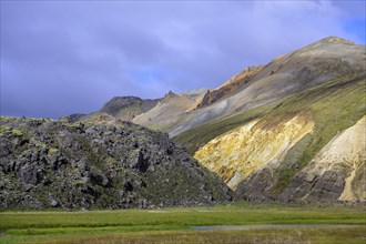 Lava field and sulphur yellow mountainside