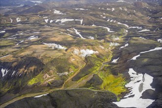 Aerial view of Landmannalaugar with hot springs in the centre