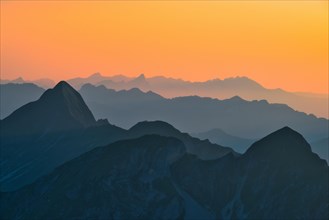View of Bernese Alps at dusk from Brienzer Rothorn