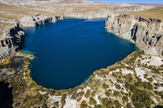 Aerial of the deep blue lakes of the Unesco National Park