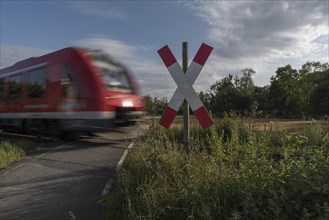 Unguarded level crossing with approaching train