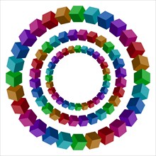 Circles constructed of a lot of colorful vector blocks. Isometric cubes for impossible 3d designing. Mathematical object with mental trick. Penrose optical illusion of brain
