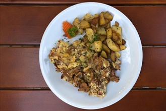 Fried potato with scrambled eggs served on a plate