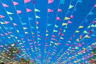 Colourful flags against the sky