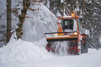 Holder C9700H municipal tractor with snow blower clearing snow from the road in the forest after heavy snowfall in winter