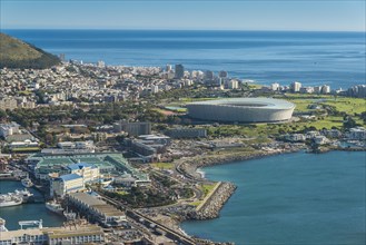 Aerial view with the harbour and the Green Point Stadium