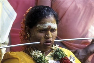 Woman piercing iron rod through cheeks discharging vow