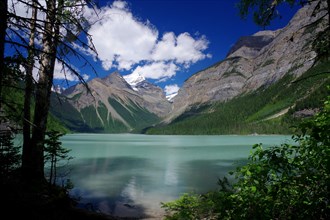 Glacial lake with high mountains in the background