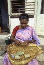Woman rolling Beedis by sitting on the steps in front of her house