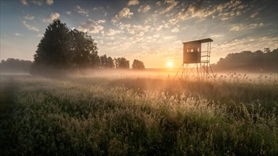 Colourful sunrise in German floodplain landscape in Brandenburg with high seat at the Nuthe