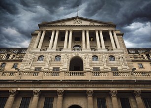 Bank of England under storm clouds. Threadneedle Street