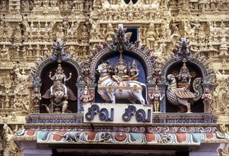 Shiva and Parvathi on Rishaba and Garudalvar stucco figures