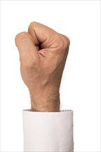 Man hand fisting on white background