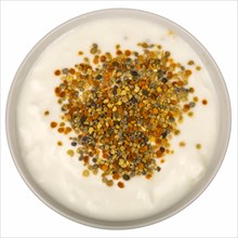Fresh bee pollen from a cup of yoghurt