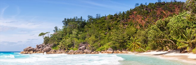 Anse Georgette Beach on Praslin Island with Palm Panorama Sea in the Seychelles