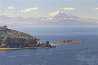 View over Lake Titicaca to the Cordillera Real mountain range