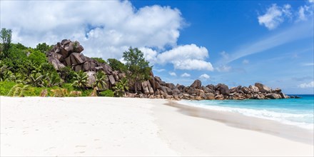 Grand Anse Beach on La Digue Island Panorama Sea Holiday Vacation Travel in the Seychelles