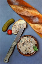 A bowl of meat terrine and slice of bread