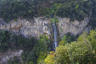 Cascata del Ponale waterfall near the Ristorante Ponale Alto Belvedere on the old coastal road and hiking trail Via Ponale