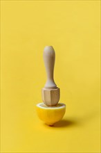 Lemon and lemon squeezer against a yellow background