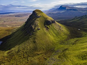 Aerial of the rugged mountain landscape of the Quiraing