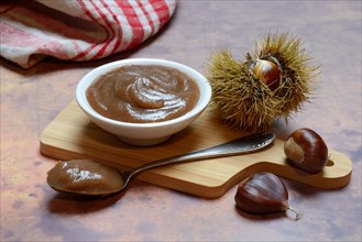 Chestnut cream in bowl on wooden board