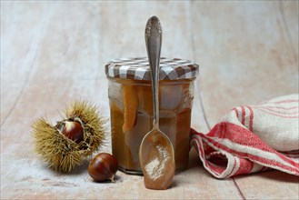 Chestnut cream in glass and sweet chestnuts