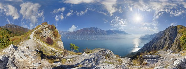360 summit panorama at the Malga Palaer viewpoint with Lake Garda and the Monte Baldo mountain range