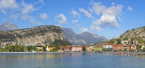 Coastal town with colourful houses and the rocky mountain Monte Brione