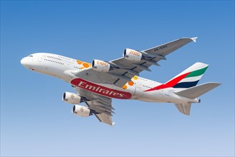 An Emirates Airbus A380-800 with registration number A6-EOU and Expo 2020 special livery takes off from Dubai Airport