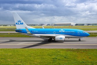 A KLM Royal Dutch Airlines Boeing 737-700 aircraft with registration PH-BGU at Amsterdam Schiphol Airport