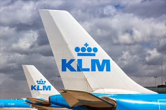 Airbus Aircraft Tails tail units of KLM Royal Dutch Airlines at Amsterdam Schiphol Airport